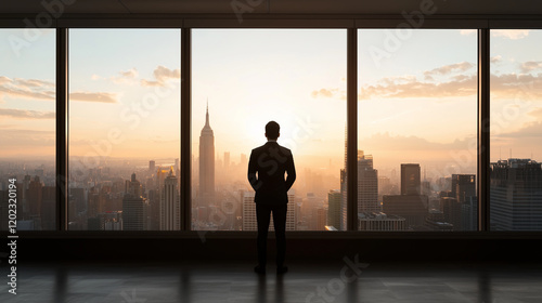 Business Professional Silhouette at Sunset Over City Skyline photo