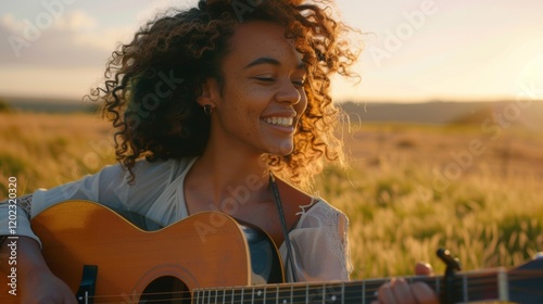 Woman Playing Guitar Outdoors with Golden Sunset Glow photo