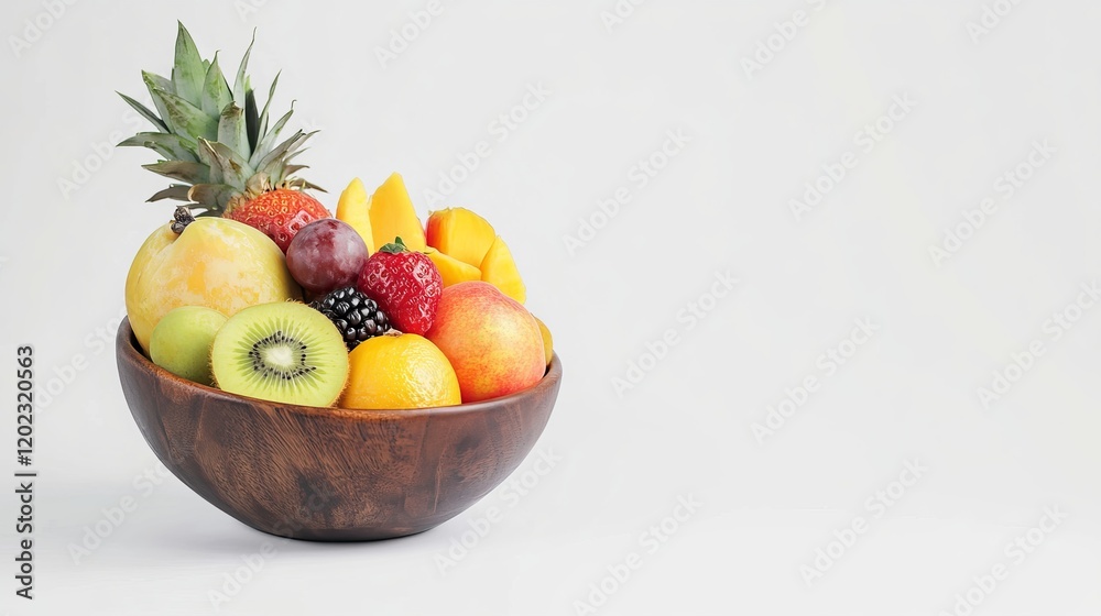 Assorted Fresh Fruit in Wooden Bowl on White Background Assorted Fresh Fruit in Wooden Bowl on White Background