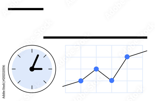 Clock and upward-trending line graph on grid with dots representing progress. Ideal for business growth, analytics, productivity, performance tracking, time planning, strategy, abstract line flat