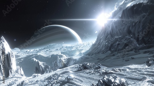 Futuristic Frozen Planet with Icy Rings and Glowing Sky photo