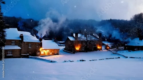 Peaceful Winter Village Scene with Snowfall, Chimney Smoke, and Warm Window Lights