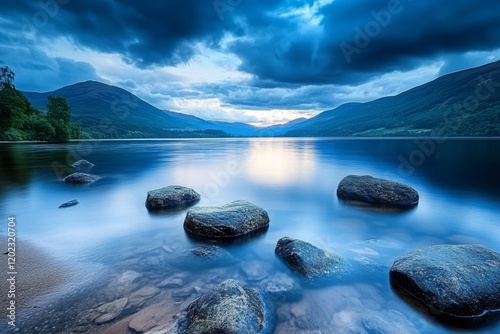 Scotland's landscape features a misty lake scene with clouds, sunlight, and mountains at Loch Linnhe photo