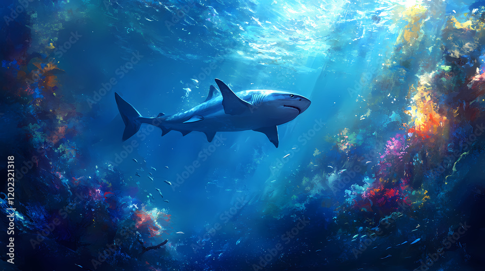 Fototapeta premium A striking underwater scene featuring a powerful shark swimming majestically amid shimmering blue waters. Shimmering Underwater World. Illustration