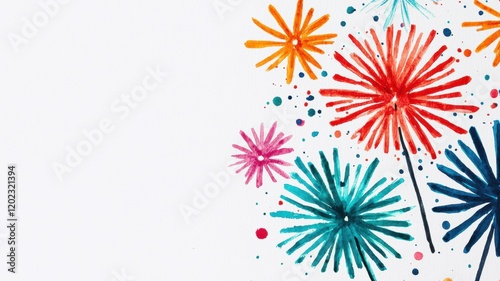 A vibrant arrangement of colorful fireworks, featuring bursts of orange, pink, and teal against a light background, creating a festive and cheerful atmosphere.