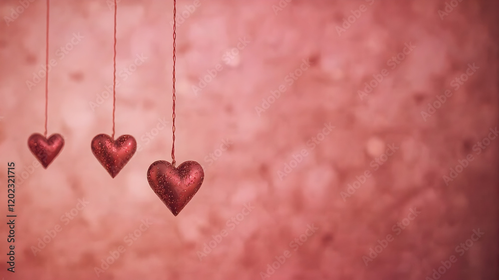 Floating shiny red heart-shaped ornaments hanging by strings against a soft blurred red background, glowing with warm light reflections. Floating shiny red heart-shaped ornaments hanging by strings against a soft blurred red background, glowing with warm light reflections.