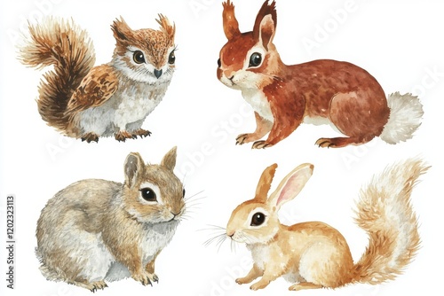 An isolated white background poster showcasing watercolor art of forest inhabitants like bunnies, owls, and squirrels photo