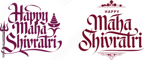 Set of Happy Maha Shivratri lettering design with lord Shiva Trishul vector illustration.	