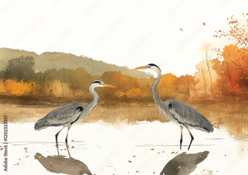 Fototapeta premium Watercolor artwork showcasing a fall scene with cranes