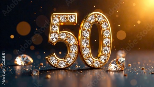 Gold number 50 with diamonds on a background with a side.