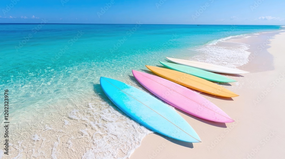 Colorful surfboards on tropical beach, turquoise ocean waves. Vacation travel imagery