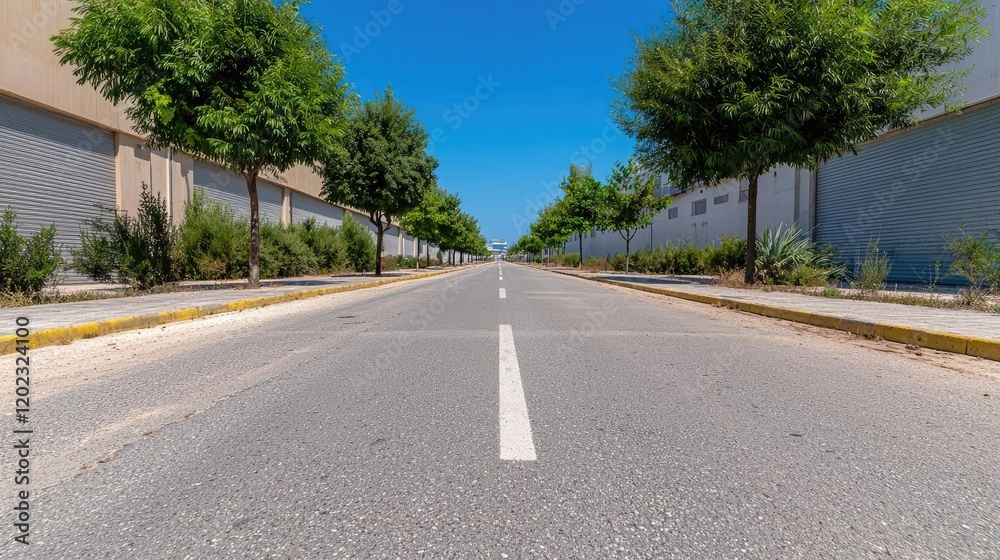 Empty road, sunny day, trees, industrial area, summer travel Empty road, sunny day, trees, industrial area, summer travel