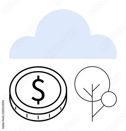 Cloud above coin and tree outline representing financial growth, eco-friendly initiatives, sustainability, cloud solutions, technology, renewable energy development, abstract line flat metaphor