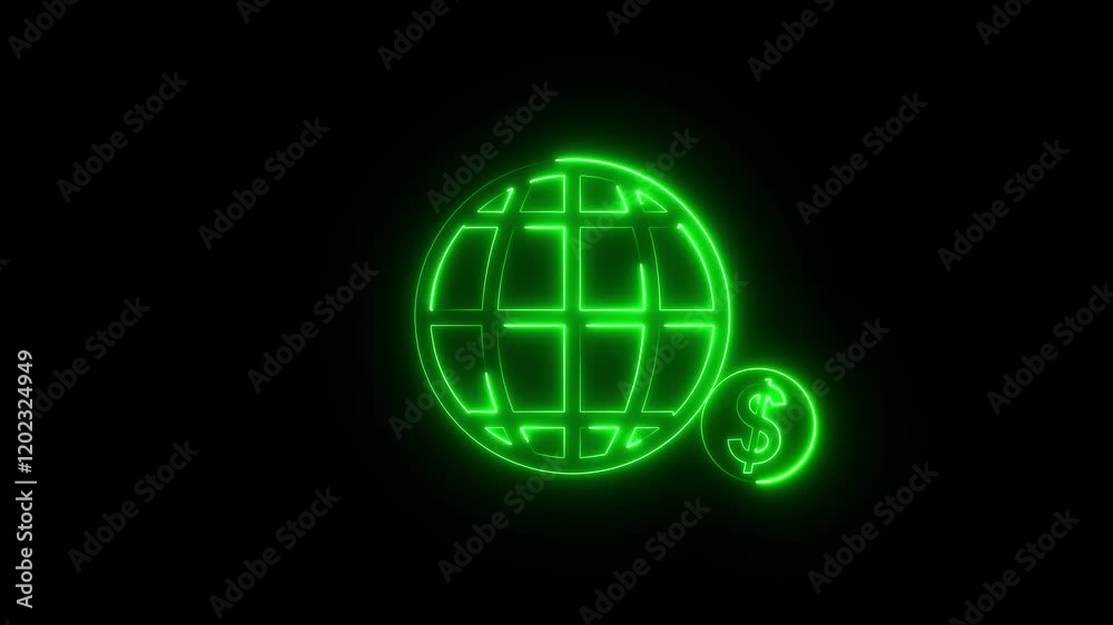 Neon globe icon green color glowing animation black background. Animated neon globe dollar symbol World or Earth sign Global internet symbol. Geometric shapes. 4K Video motion graphic animation Neon globe icon green color glowing animation black background. Animated neon globe dollar symbol World or Earth sign Global internet symbol. Geometric shapes. 4K Video motion graphic animation