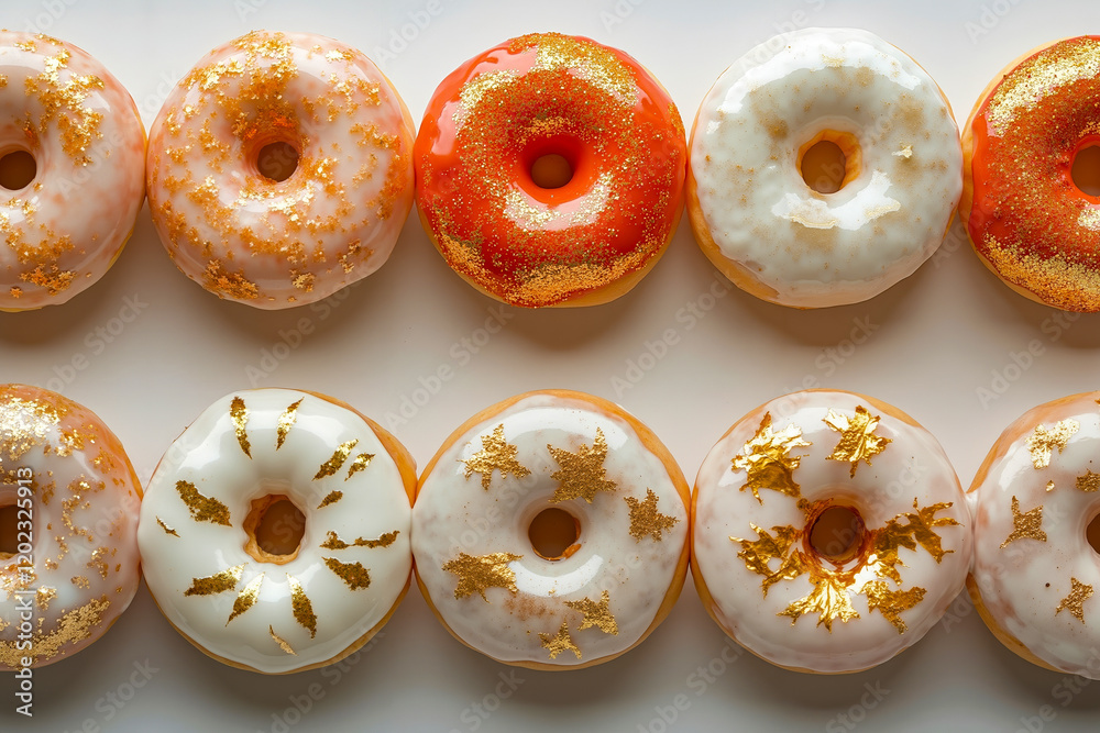 A row of donuts with gold glaze and sprinkles on them A row of donuts with gold glaze and sprinkles on them