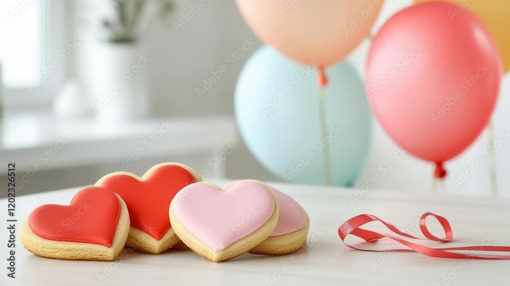 red and pink heart shaped cookies arranged on a table, with colorful balloons and festive ribbons in the background