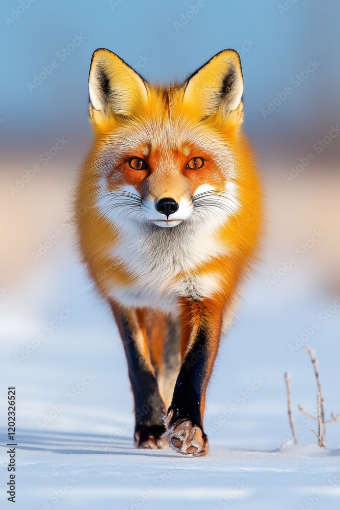 Fototapeta premium Red fox walks gracefully through snow-covered landscape under slate blue sky during winter season