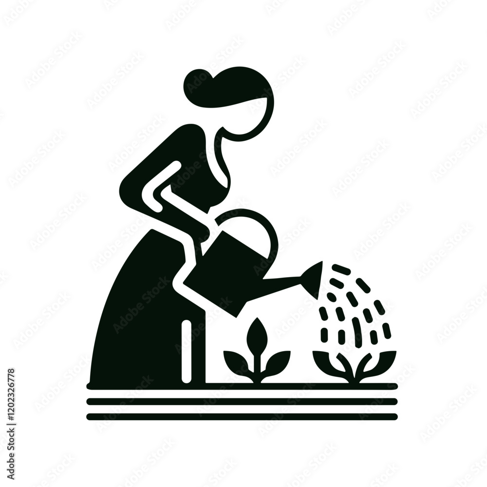 Graceful icon illustration of a woman watering her garden plants Graceful icon illustration of a woman watering her garden plants