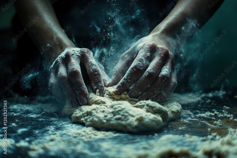 Fototapeta premium Artisan hands kneading dough in rustic kitchen professional setting