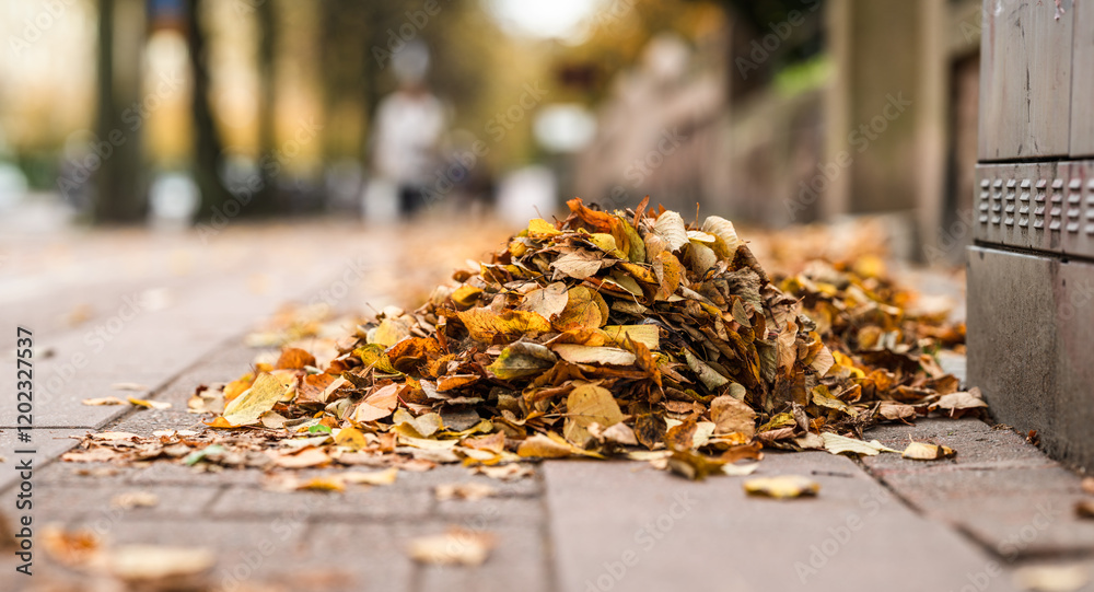 Pile of yellow fallen leaves on a sidewalk. Pile of yellow fallen leaves on a sidewalk.