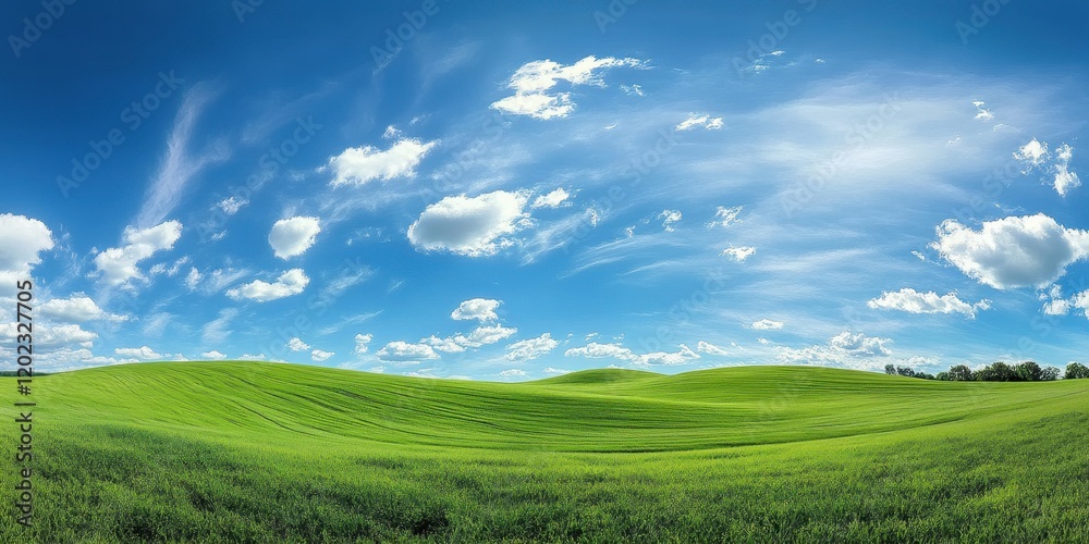Expansive green hills stretch across the landscape, illuminated by bright sunshine and dotted with white, fluffy clouds in the clear blue sky Expansive green hills stretch across the landscape, illuminated by bright sunshine and dotted with white, fluffy clouds in the clear blue sky