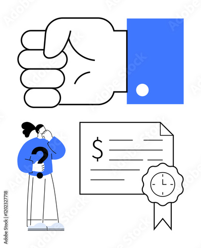 Hand making a gesture, individual pondering financial decisions, and signed certificate with ribbon and clock. Ideal for finance, business, contemplation, certification, agreement, time management