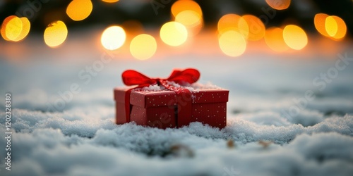 Red gift box with a ribbon on snow against a blurred lights background