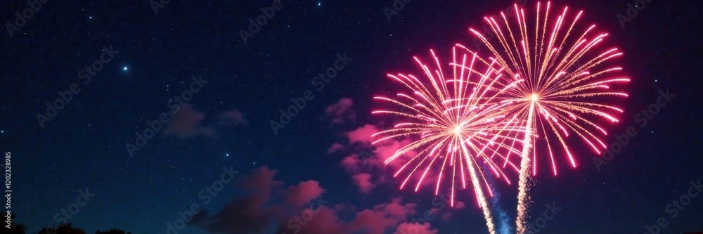 Fototapeta premium Vibrant fireworks explode against a dark night sky , lights, green