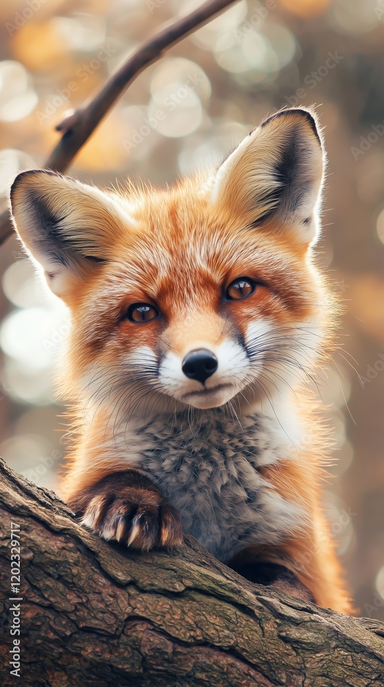 Obraz premium Beautiful red fox with orange fur and white chest resting on a tree branch in nature, enjoying a moment of peace and tranquility in its natural habitat