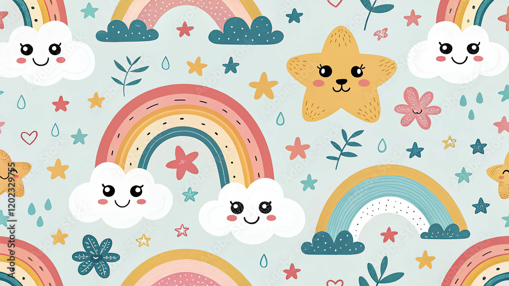 Playful pattern with cute cartoon characters, smiling clouds, stars, and rainbow-colored animals, perfect for whimsical and fun designs.
Playful pattern with cute cartoon characters, smiling clouds, stars, and rainbow-colored animals, perfect for whimsical and fun designs.