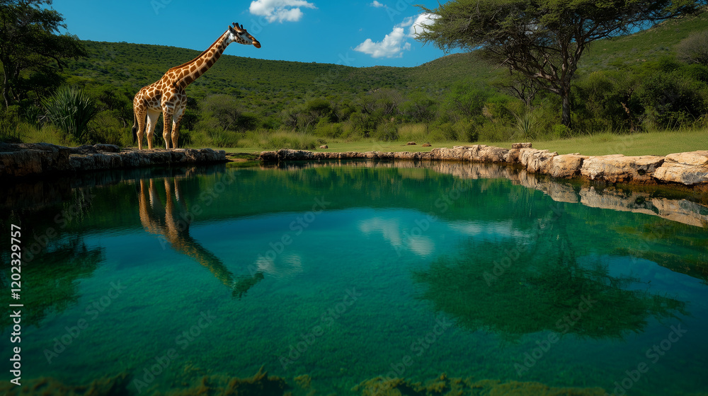Fototapeta premium Giraffes gracefully drinking by a tranquil water source in a lush green landscape under a clear sky