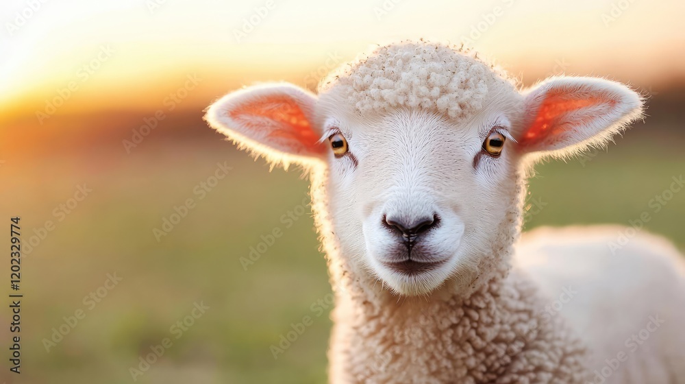 Lamb at sunset in pasture, idyllic rural scene, farm animal portrait, springtime Lamb at sunset in pasture, idyllic rural scene, farm animal portrait, springtime