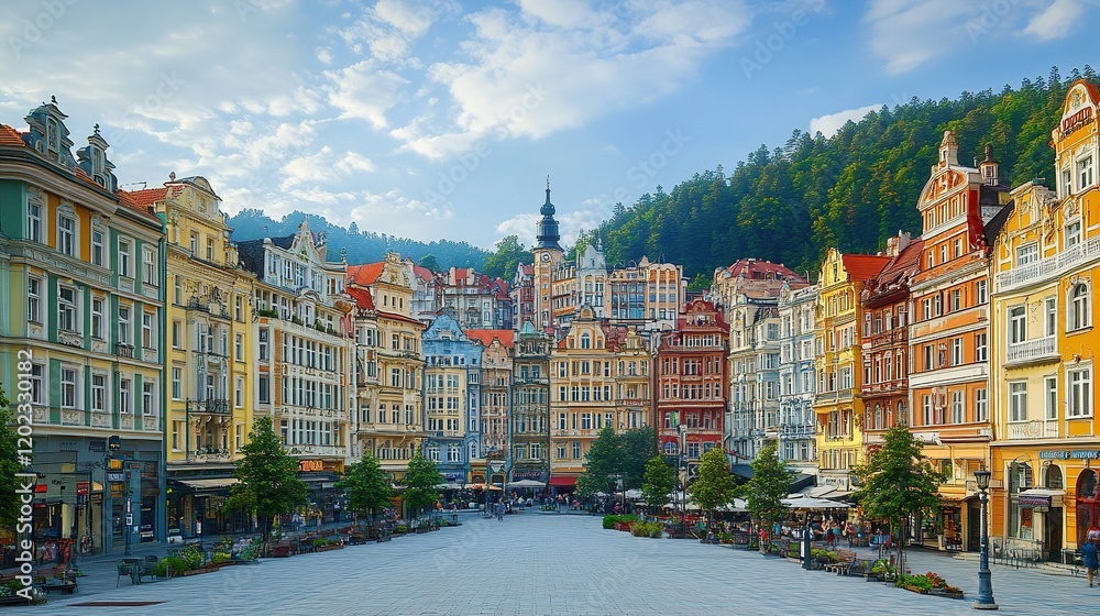 Fototapeta premium Colorful European town square with cafes, forested hills in background, ideal travel destination