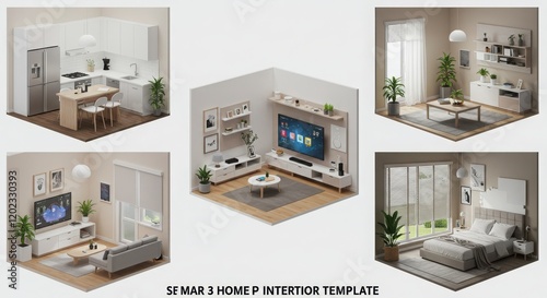 Isometric Home Interior Design Template with Kitchen Living Room and Bedroom