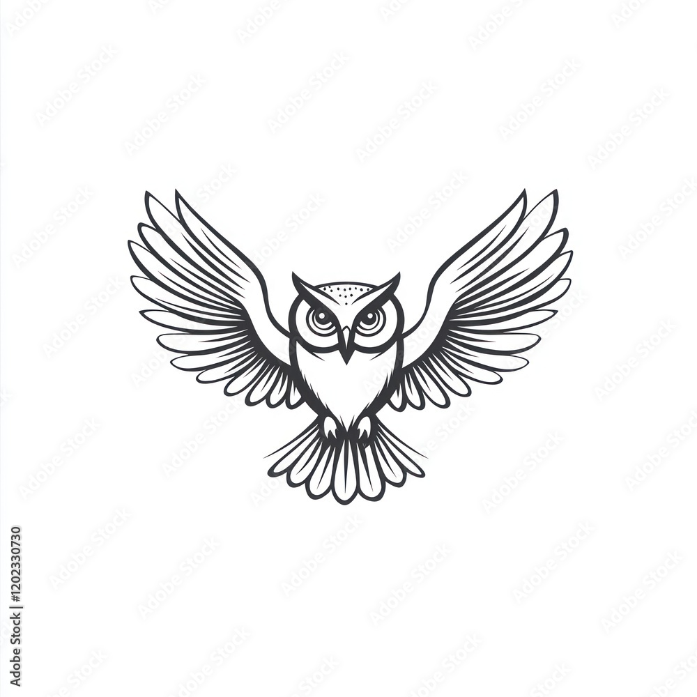 Obraz premium Owl with wings spread, centered on white, art drawing for nature graphic, tattoo