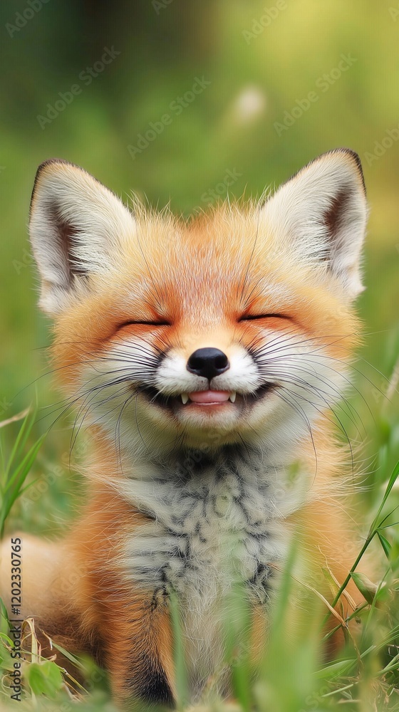 Obraz premium Happy red fox cub smiling with eyes closed, sitting peacefully in lush green grass, soaking up the warmth of a sunny day in a vibrant natural setting