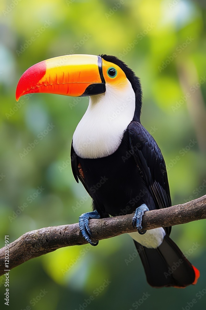 Fototapeta premium Colorful toucan perched on a branch in a tropical forest