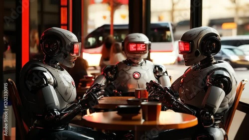 Humanoid robots engage in conversation at a cafe table
