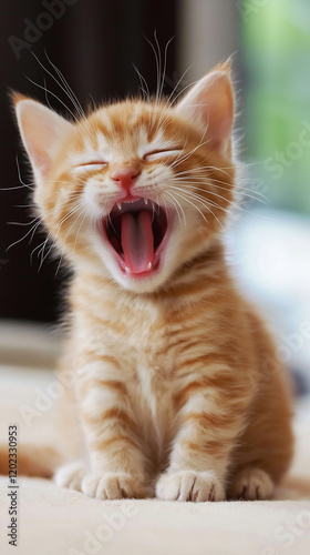 Wallpaper Mural Adorable ginger kitten sitting and yawning with eyes closed and mouth wide open, revealing a pink tongue and tiny teeth, exuding cuteness and charm Torontodigital.ca