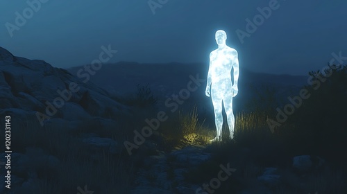 Ethereal ghostly figure glowing softly in a shadowy natural landscape photo