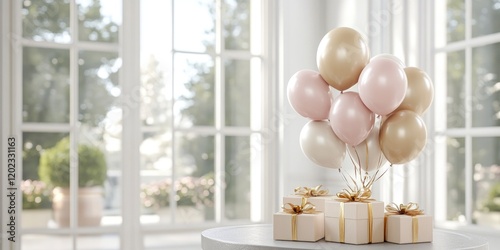 pink, beige and gold balloons, gift boxes decorated with ribbon against window in home