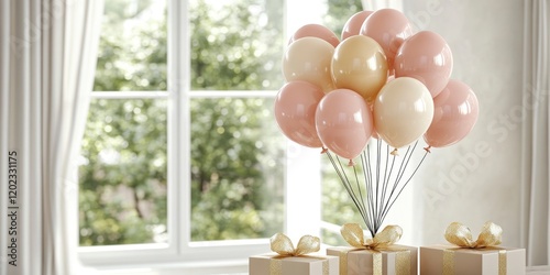 pink, beige and gold balloons, gift boxes decorated with ribbon against window in home