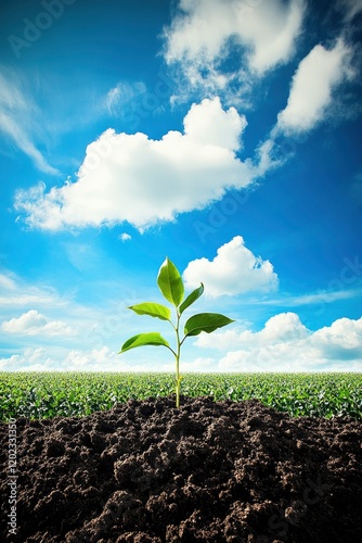 A green plant sprouts from the soil, with cornfields in the background and a blue sky