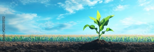 A green plant sprouts from the soil, with cornfields in the background and a blue sky