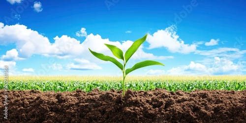 A green plant sprouts from the soil, with cornfields in the background and a blue sky