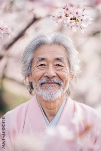 an elderly Japanese man with gray hair and beard, smiling, wearing pink kimono, cherry blossoms on background