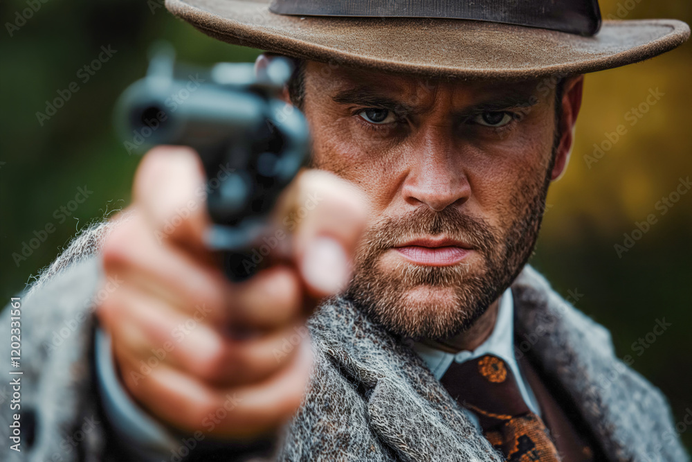 Focused young man aiming revolver in period costume with intense expression Focused young man aiming revolver in period costume with intense expression