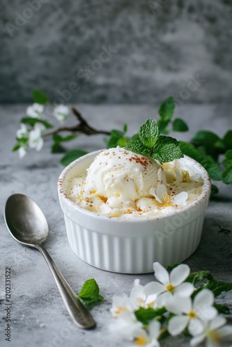 A small white ramekin filled with cheese, surrounded by blossoms, with ice cream on top and mint leaves, placed on concrete surface