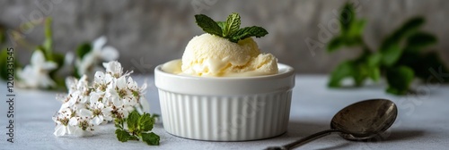 A small white ramekin filled with cheese, surrounded by blossoms, with ice cream on top and mint leaves, placed on concrete surface