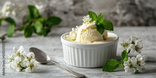 A small white ramekin filled with cheese, surrounded by blossoms, with ice cream on top and mint leaves, placed on concrete surface